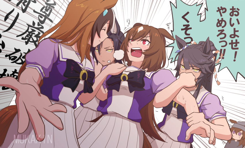 5girls, air_shakur_(umamusume), angry, animal_ears, arm_grab, artist_name, bandaid, bandaid_on_face
