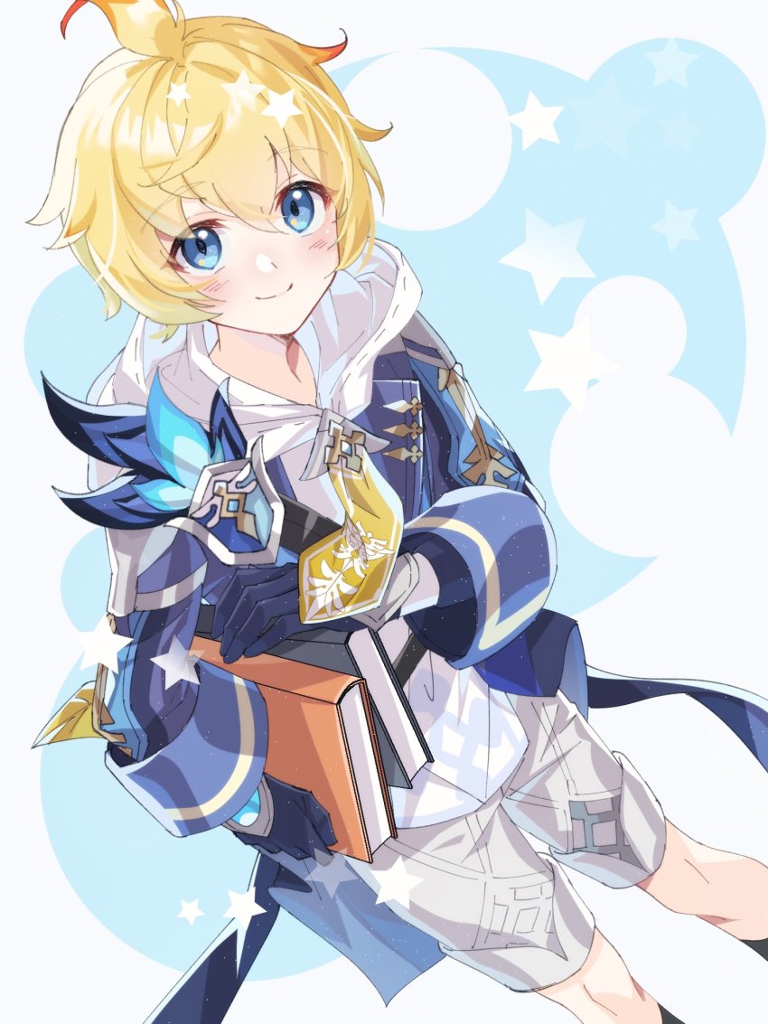 blonde_hair, blue_background, blue_eyes, child, genshin_impact, highres, mika_(genshin_impact), mizuamememe, shorts, white_background