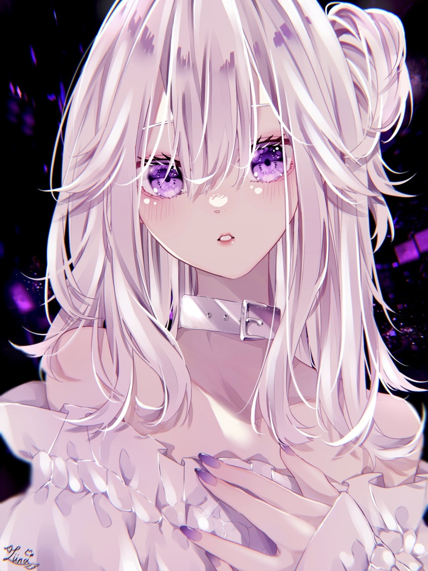 1girl, bare_shoulders, blush, buckle, collar, commentary_request, hair_between_eyes, hand_on_own_chest