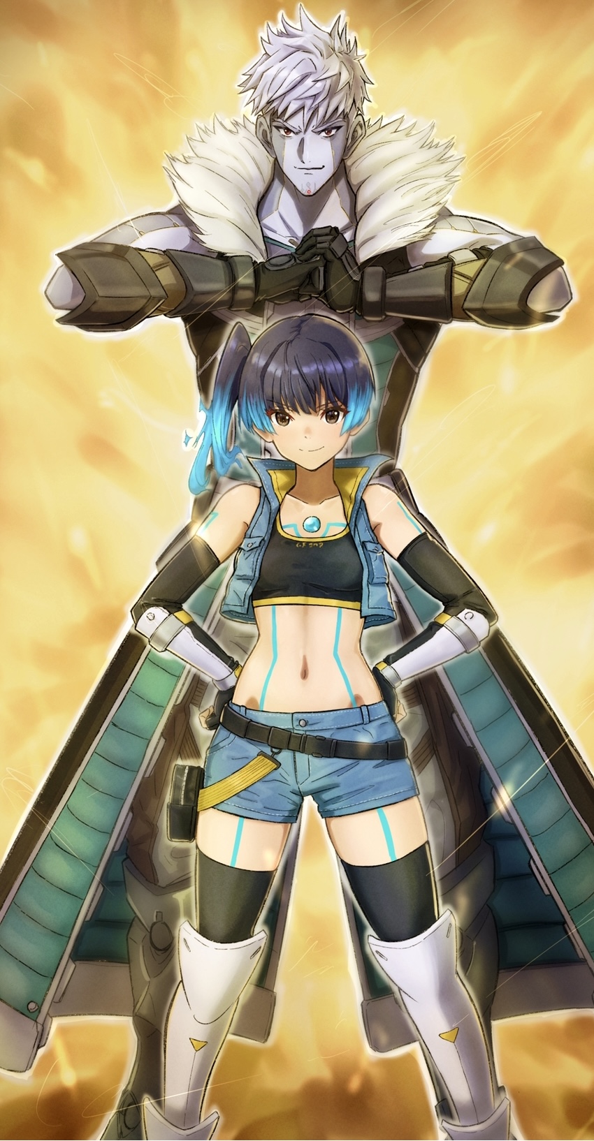 1boy, 1girl, blue_hair, brown_eyes, coat, colored_skin, cropped_jacket, denim