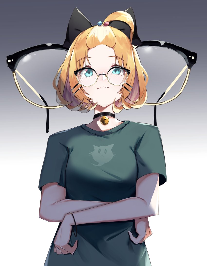 :3, absurdres, bell, black_bow, black_choker, black_shirt, blue_eyes, bob_cut