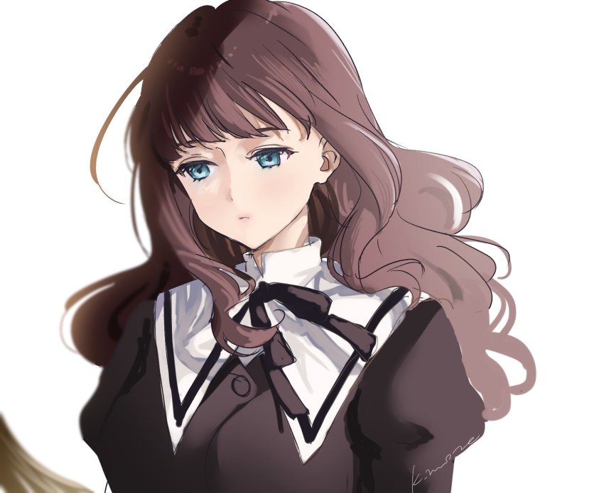 1girl, 1other, arms_at_sides, artist_name, assault_lily, black_ribbon, blue_eyes, blurry