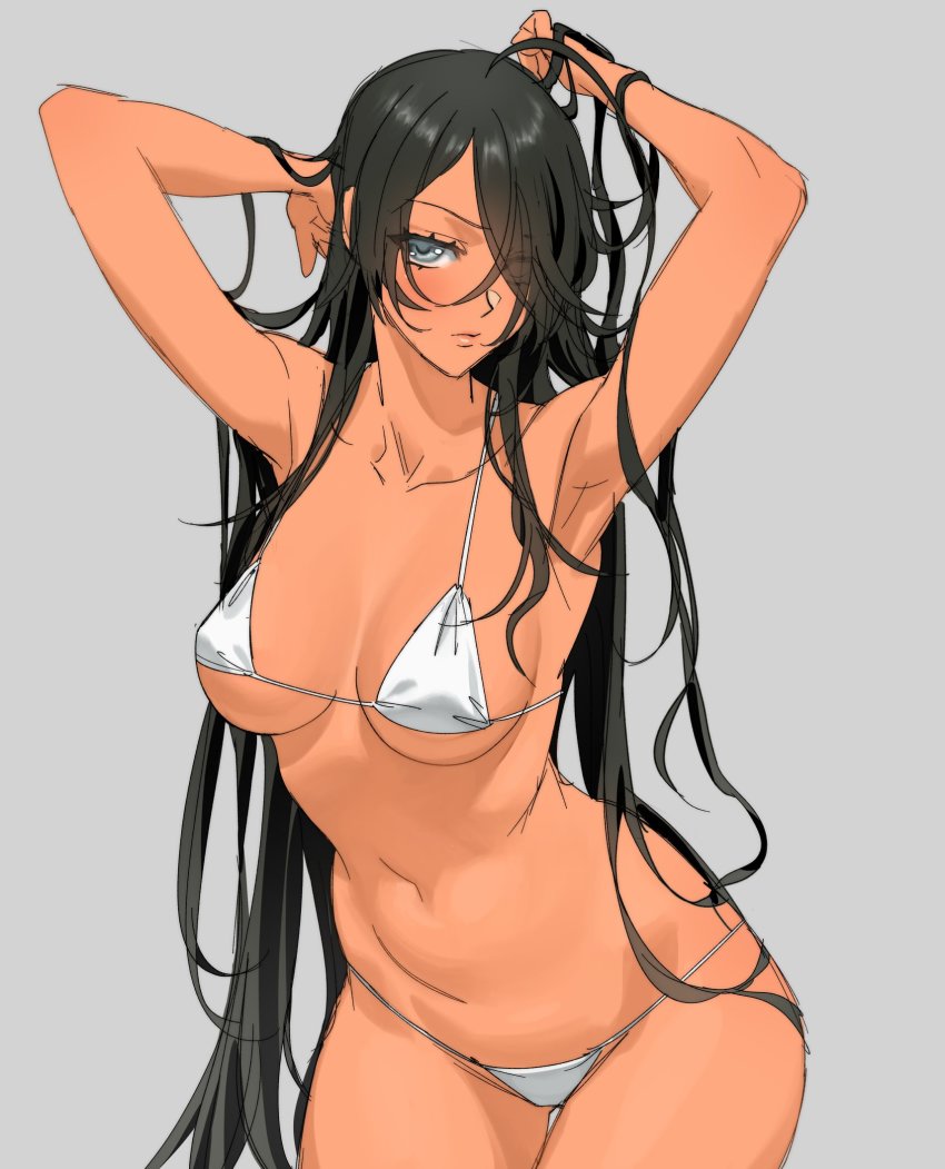 1girl, armpits, bikini, black_hair, breasts, collarbone, dark-skinned_female, dark_skin