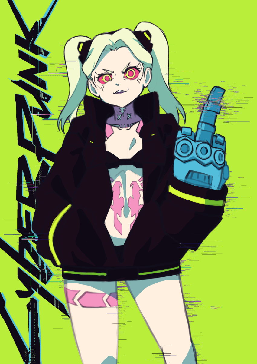 colored_sclera, cyberpunk_(series), cyberpunk_2077, cyberpunk:_edgerunners, green_background, grin, hair_ornament, highres, jacket, looking_at_viewer, middle_finger, ragerkgk, rebecca_(cyberpunk), revealing_clothes, smile, tattoo, twintails