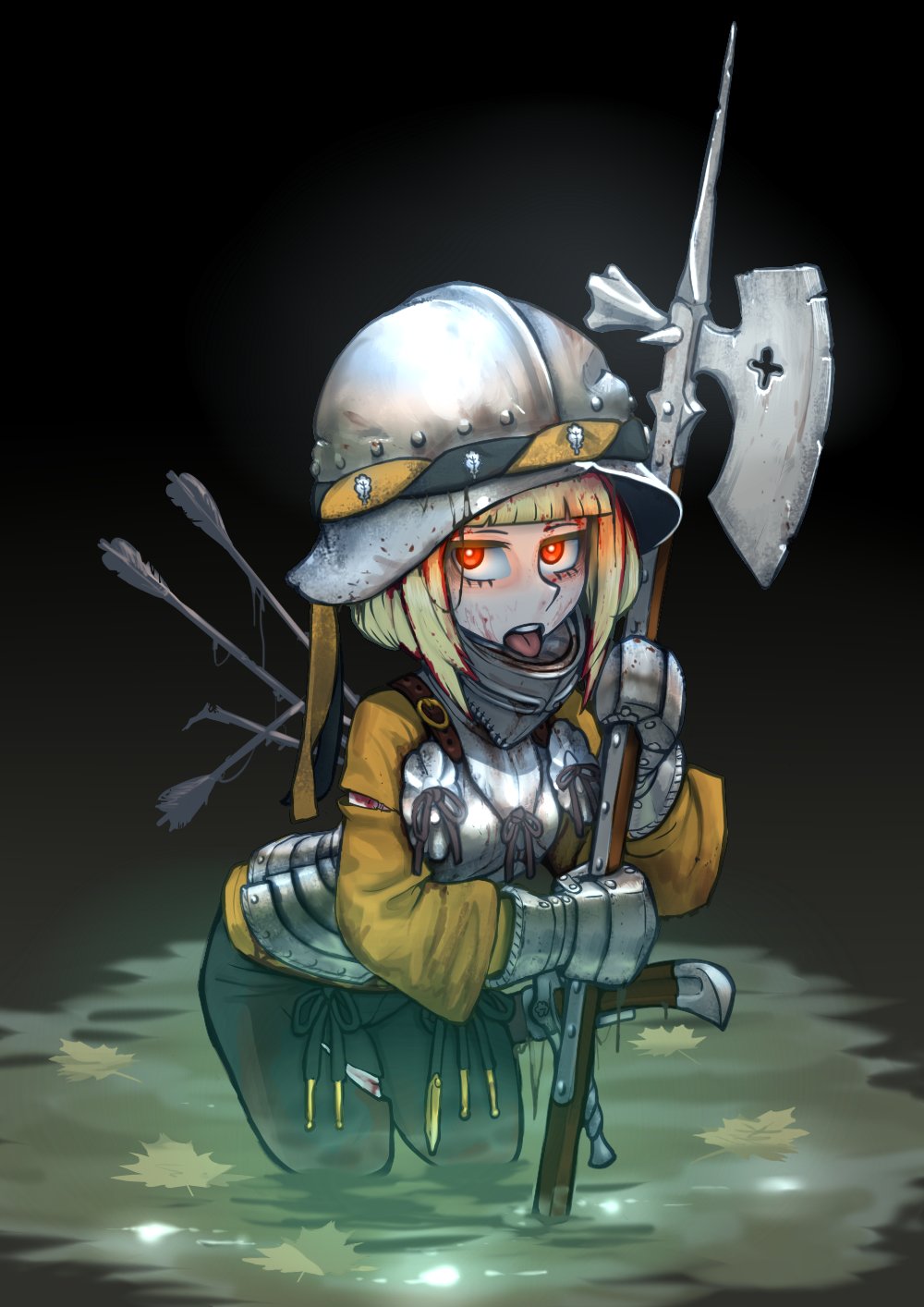 1girl, armor, armor_request, arrow_(projectile), blonde_hair, erica_(naze1940), gauntlets, glowing, glowing_eyes, halberd, helmet, highres, holding, holding_weapon, long_sleeves, looking_at_viewer, original, partially_submerged, polearm, red_eyes, sheath, sheathed, short_hair, solo, sword, weapon, zombie