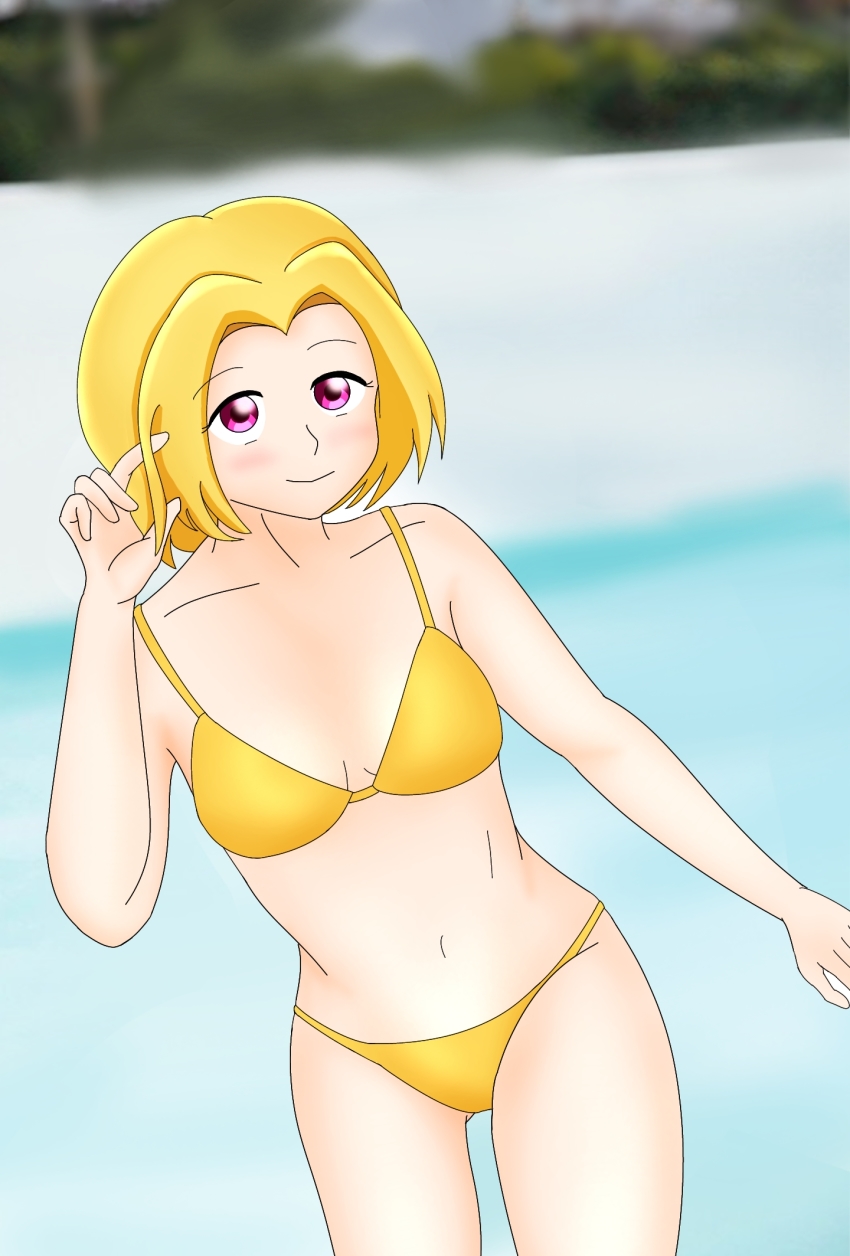 1girl, bikini, blonde_hair, breasts, cleavage, highres, purple_eyes, shinto-tan, swimsuit, yellow_bikini