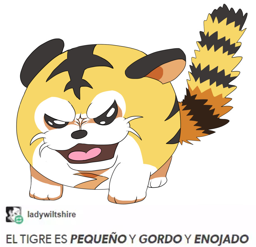 angry, animal_ears, beta_pokemon, black_fur, cat_ears, drawfag, highres, kotora_(pokemon), looking_at_viewer, nintendo, no_humans, open_mouth, pokemon, pokemon_gold/silver/crystal, pokemon_gold/silver/crystal_(prototype), solo, spanish_text, standing, tail, tongue, whiskers, white_background, white_fur, yellow_fur