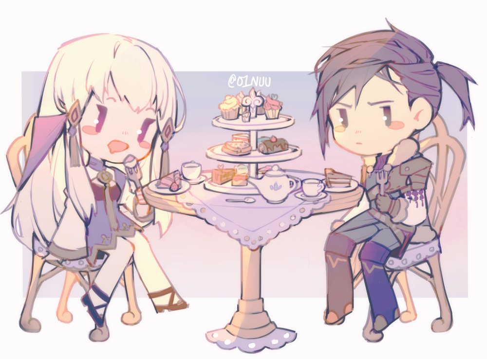 01nu, 1boy, 1girl, blue_hair, cake, chibi, cup, felix_hugo_fraldarius