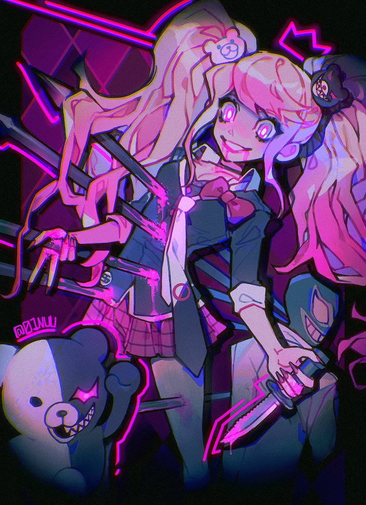 01nu, 1girl, bear_hair_ornament, blonde_hair, blood, danganronpa_(series), enoshima_junko, hair_ornament
