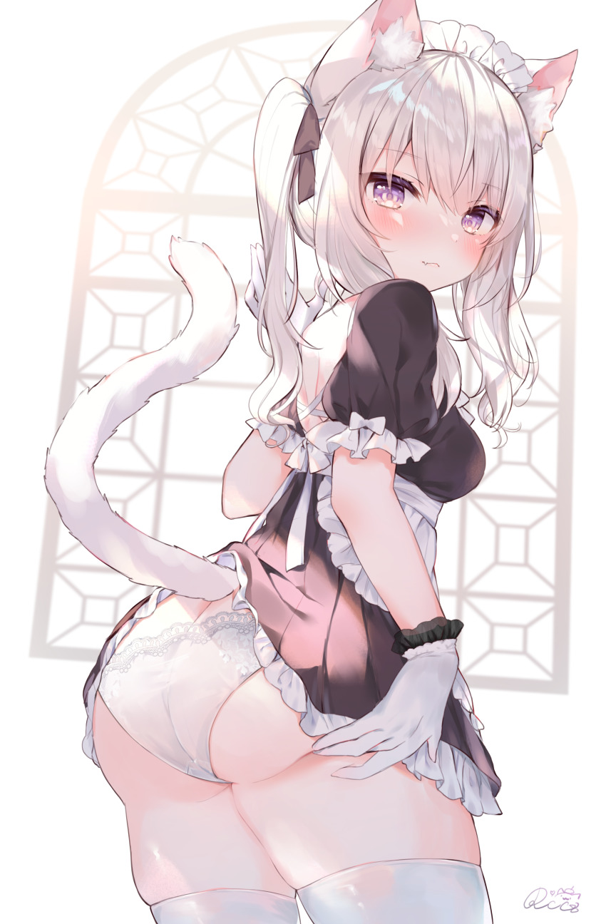 1girl, absurdres, animal_ears, apron, ass, black_shirt, black_skirt, blush