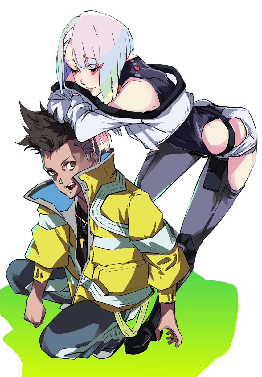 1boy, 1girl, absurdres, black_hair, closed_eyes, clothing_cutout, cross, cross_necklace