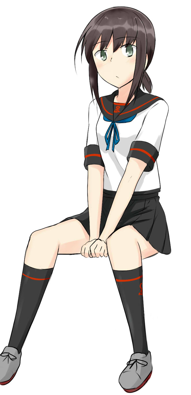 1girl, anchor_symbol, black_hair, black_sailor_collar, black_skirt, black_socks, blue_sailor_collar, breasts