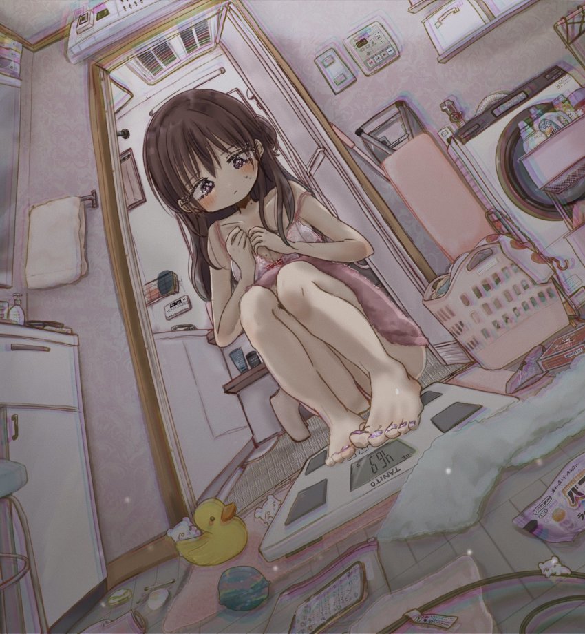 1girl, animal, ball, barefoot, bathroom, brown_hair, dress, highres