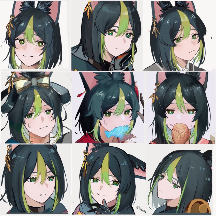 1boy, alternate_hairstyle, animal_ear_fluff, animal_ears, black_hair, blunt_ends, blush, cheek_rest, earrings, eating, expression_chart, food, fox_boy, fox_ears, frown, genshin_impact, green_eyes, green_hair, hair_between_eyes, head_tilt, highres, holding, holding_food, jewelry, looking_at_viewer, mouth_hold, multicolored_hair, multiple_views, satomemaru, short_hair, signature, single_earring, smile, streaked_hair, sweatdrop, taiyaki, tighnari_(genshin_impact), twitter_username, wagashi