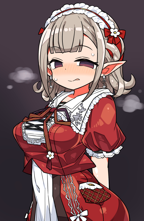 1girl, :p, black_background, blush, brown_eyes, brown_hair, covered_navel, dress, earrings, elu_(8th_costume)_(nijisanji), elu_(nijisanji), frilled_hairband, frills, gradient_background, hairband, jewelry, kanikama, looking_at_viewer, maid_headdress, nijisanji, pointy_ears, puffy_short_sleeves, puffy_sleeves, red_dress, short_hair, short_sleeves, solo, sweat, tongue, tongue_out, two-tone_dress, virtual_youtuber, white_dress
