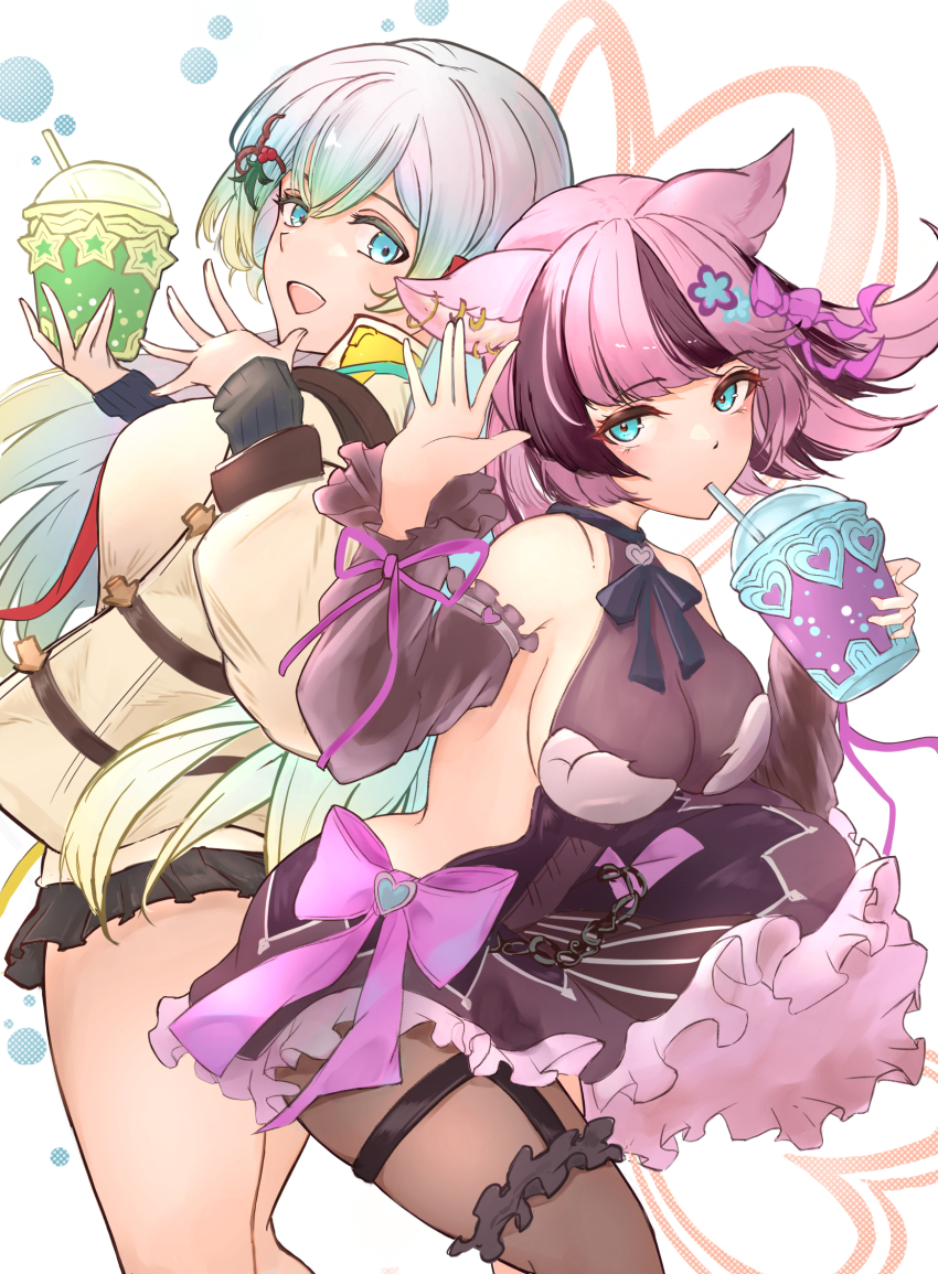 2girls, :d, animal_ears, aqua_eyes, asaikeu, backless_dress, backless_outfit, bow, breasts, cupitan_(granblue_fantasy), detached_sleeves, dress, drink, drinking, earrings, erune, eyelashes, floppy_ears, garter_straps, granblue_fantasy, hair_bow, hair_ornament, hands_up, highres, holding, holding_drink, jewelry, large_breasts, long_hair, looking_at_another, manamel, manamel_(granblue_fantasy), medium_hair, multicolored_hair, multiple_girls, open_mouth, pink_hair, sleeves_past_wrists, smile, teeth