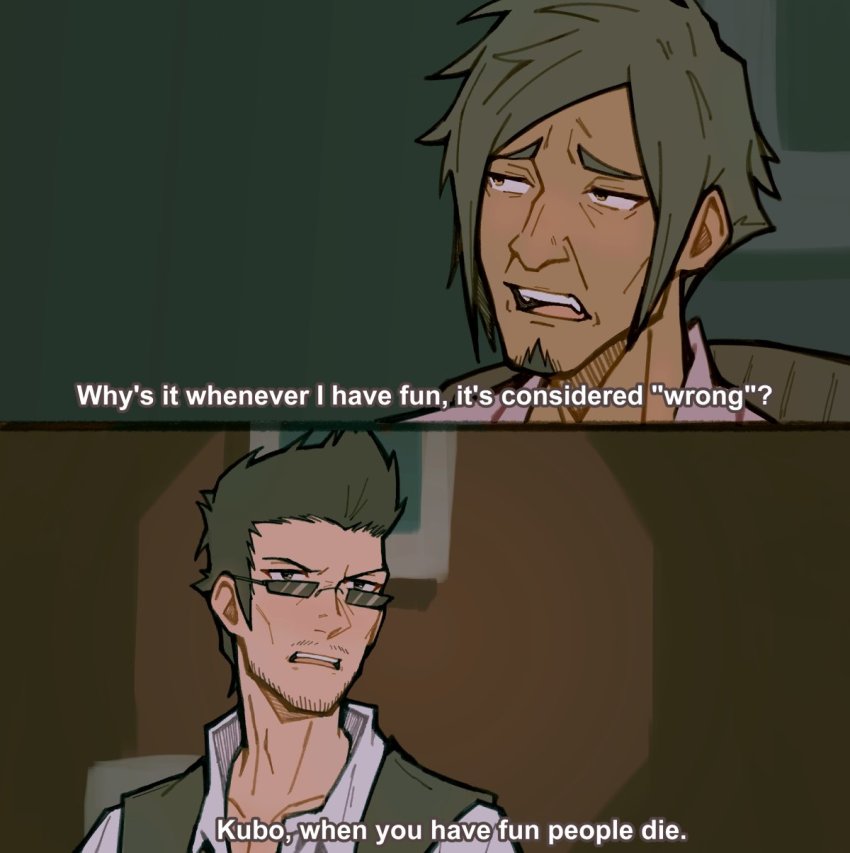 2boys, black_hair, black_vest, collared_shirt, comic, dark-skinned_male, dark_skin, english_text