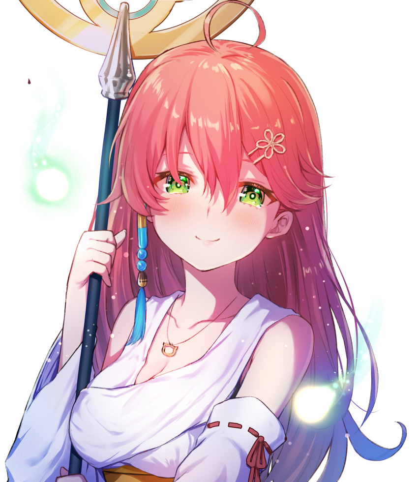 1girl, absurdres, ahoge, blush, breasts, cleavage, closed_mouth, collarbone