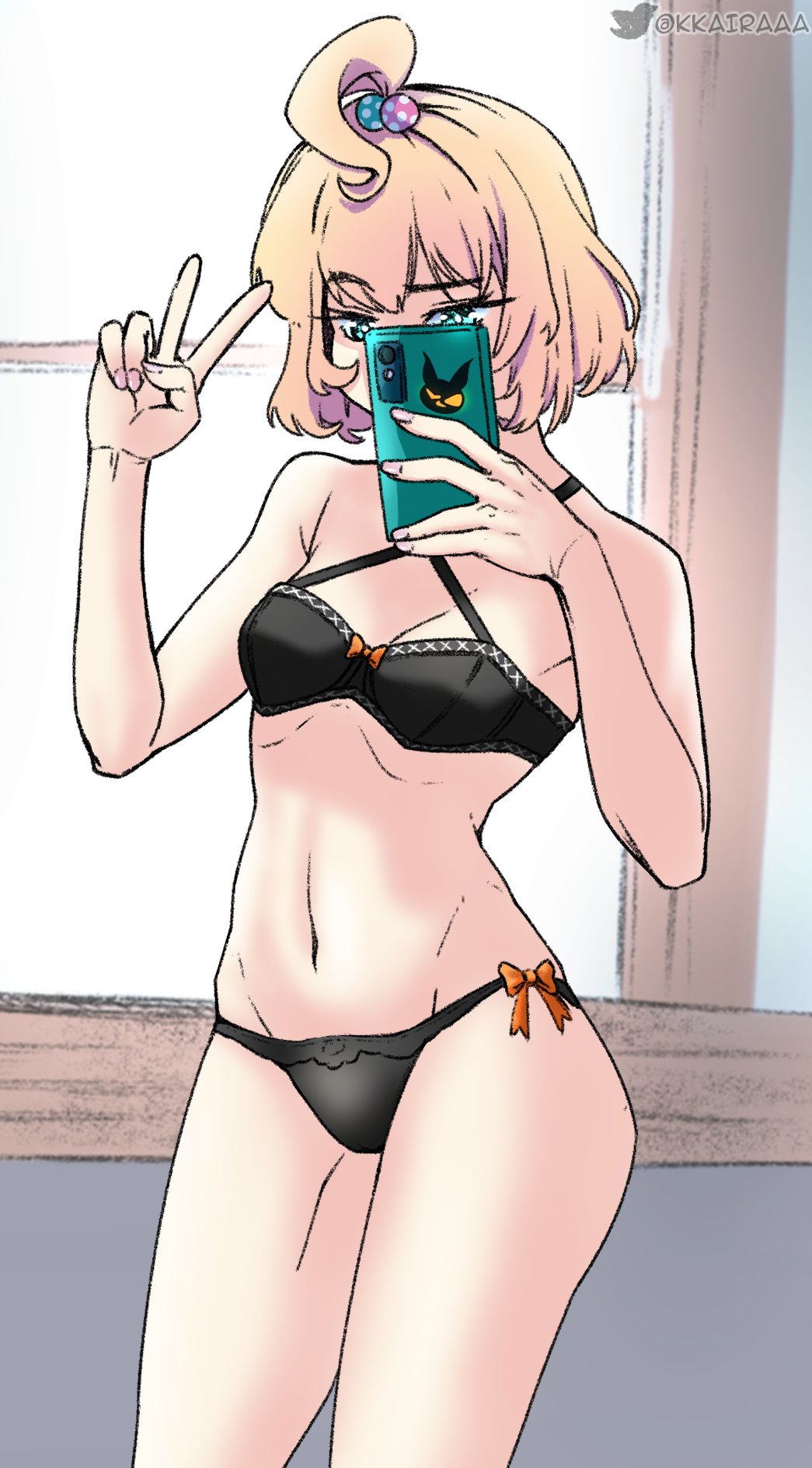 1girl, ahoge, blonde_hair, bra, breasts, cellphone, green_eyes, hair_bobbles