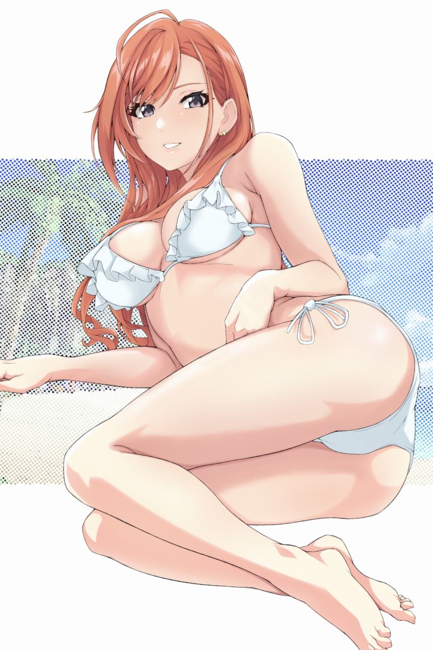 1girl, ahoge, arisugawa_natsuha, ass, bikini, black_eyes, blue_sky, breasts