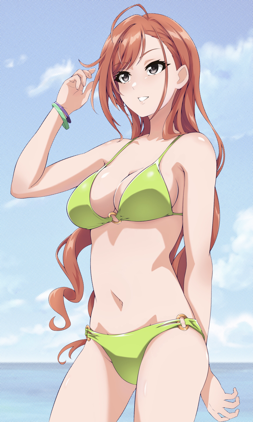 1girl, absurdres, arisugawa_natsuha, arm_behind_back, bare_arms, bikini, blue_sky, bracelet