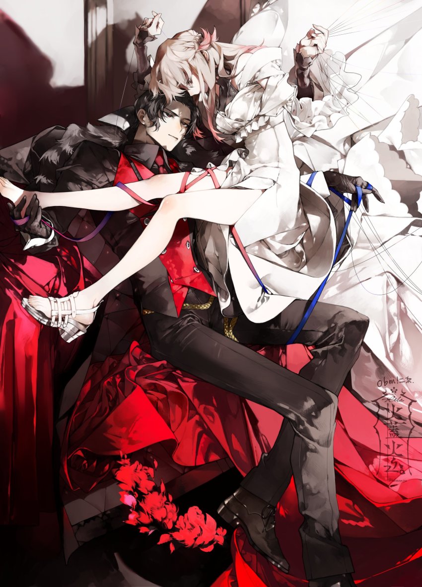 1boy, 1girl, absurdres, black_gloves, black_hair, black_pants, black_shirt, blonde_hair