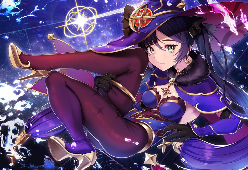 1girl, black_gloves, black_hair, blue_leotard, bodysuit, bodysuit_under_clothes, breasts, brooch