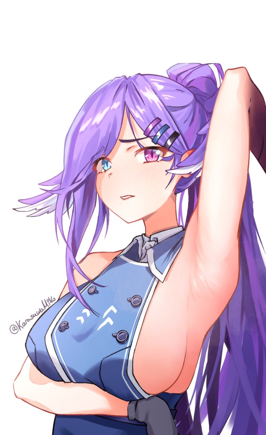 1girl, arm_up, armpits, asymmetrical_arms, blue_eyes, breasts, dragon_girl, gloves