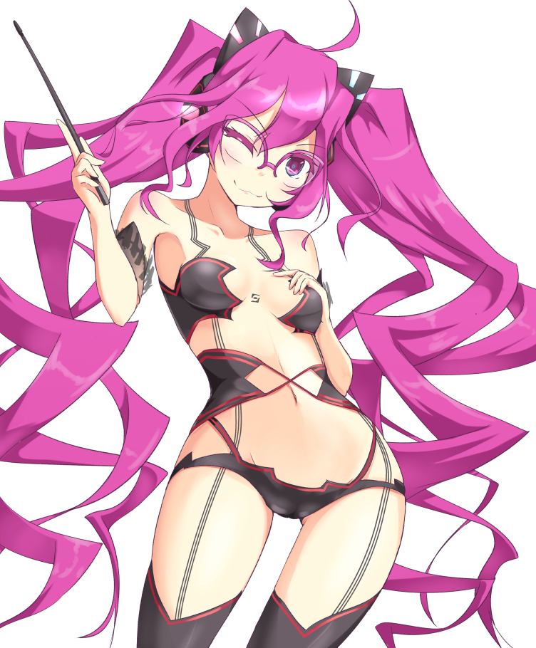 1girl, ahoge, bemani, bikini, black_bikini, black_collar, black_thighhighs, breasts
