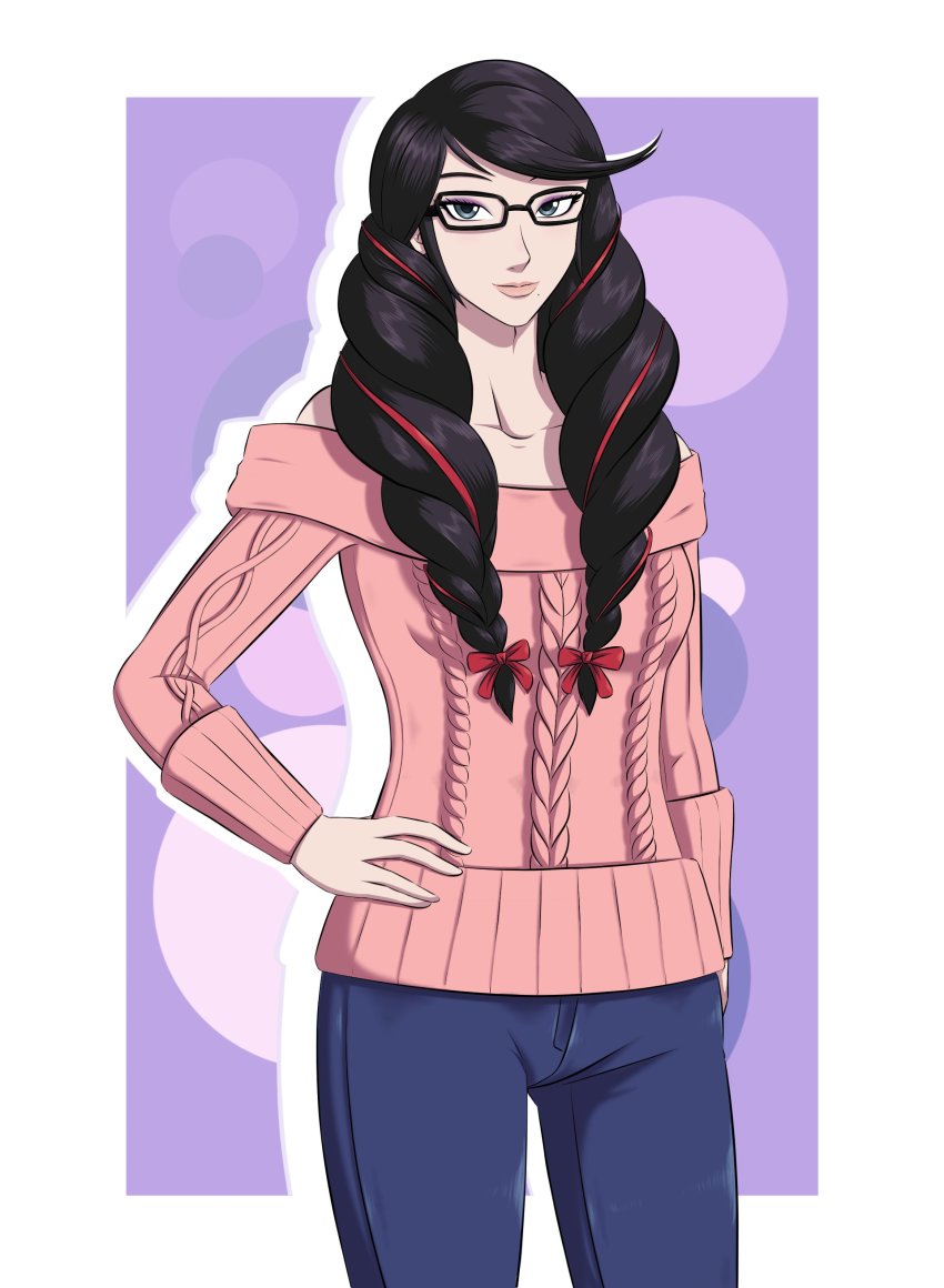 1girl, absurdres, alternate_costume, bayonetta, bayonetta_(series), bayonetta_3, black_hair, braid, denim, ememtrp, glasses, hand_on_own_hip, highres, jeans, pale_skin, pants, pink_sweater, purple_background, red_ribbon, ribbon, simple_background, sweater, twin_braids