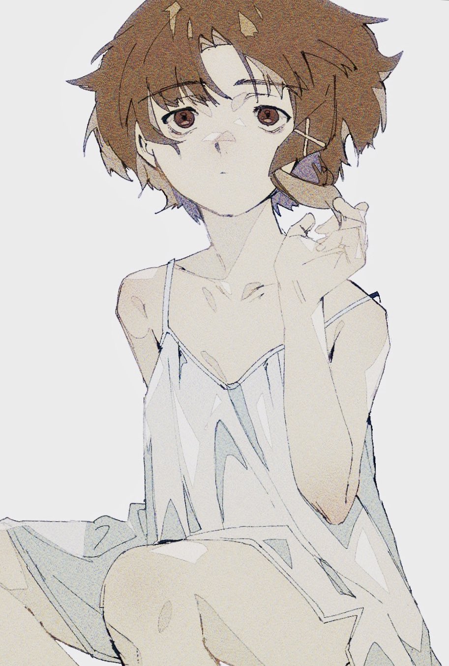 1girl, bags_under_eyes, brown_eyes, brown_hair, dress, expressionless, female_focus, film_grain, gr_7, hair_ornament, highres, iwakura_lain, serial_experiments_lain, short_hair, simple_background, sitting, solo, strap_slip, white_background, white_dress, x_hair_ornament