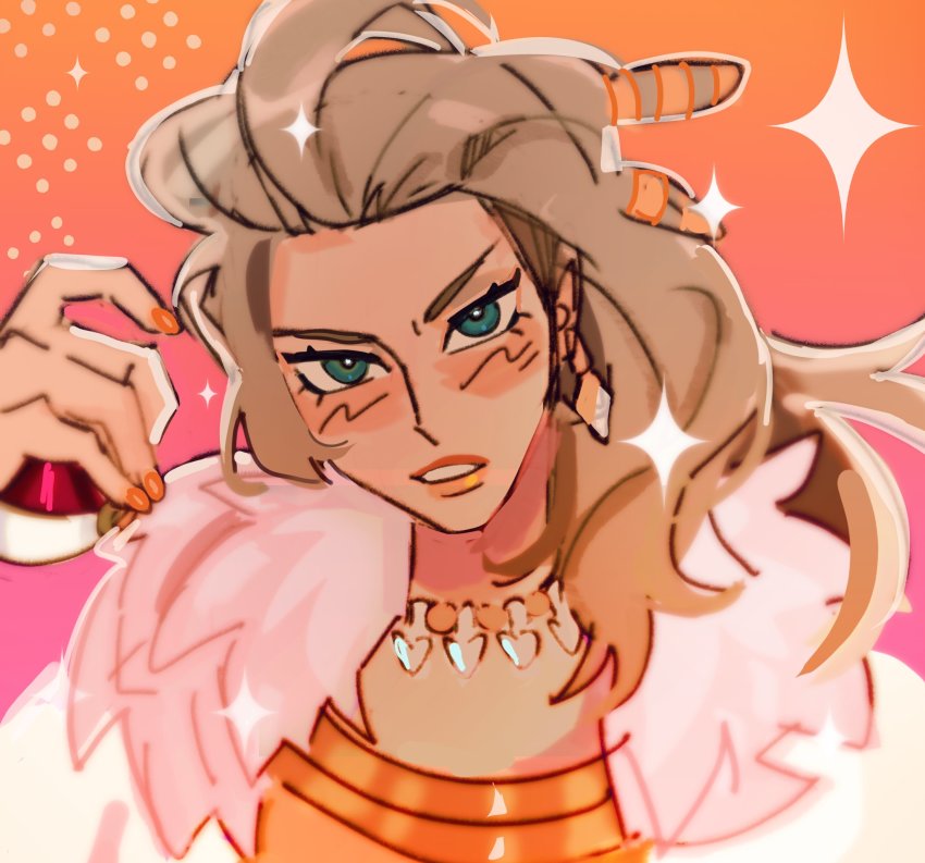 1girl, appeiart, coat, earrings, green_eyes, hair_pulled_back, highres, holding