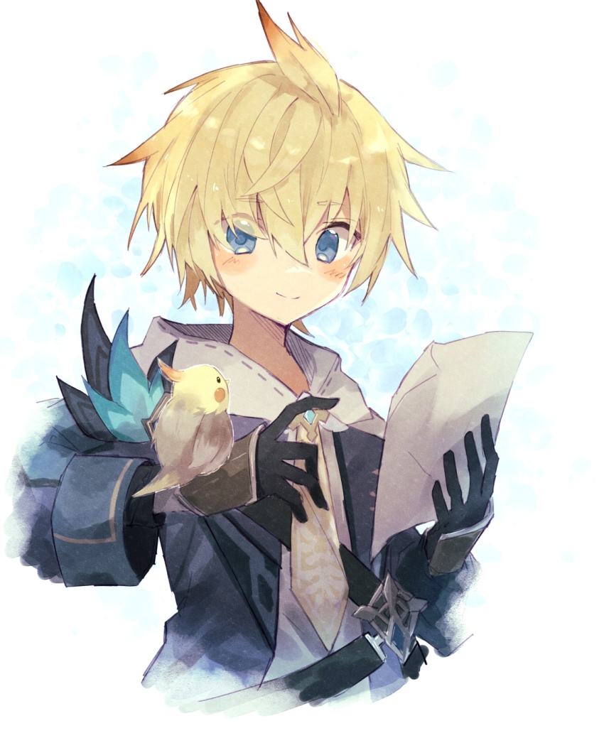 1boy, androgynous, animal_on_arm, bird, bird_on_arm, blonde_hair, blue_background, blue_eyes, blush, closed_mouth, genshin_impact, gloves, highres, holding, holding_paper, long_sleeves, male_focus, mika_(genshin_impact), multicolored_background, paper, short_hair, smile, solo, trap, white_background, yuuta_roo