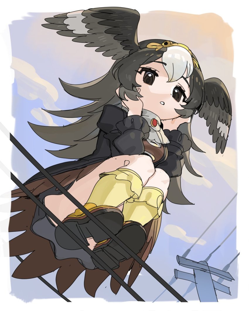 bird_girl, bird_tail, bird_wings, black_hair, black_shirt, blush, brown_eyes, circlet