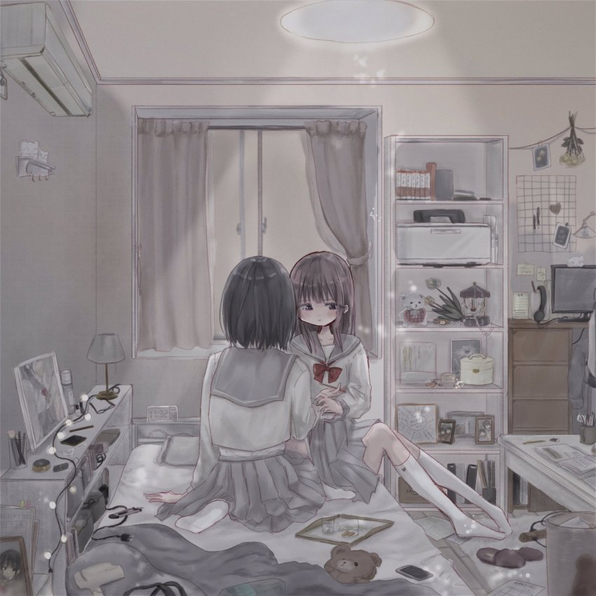 2girls, bad_id, bad_twitter_id, bed, bedroom, black_hair, brown_hair, cellphone