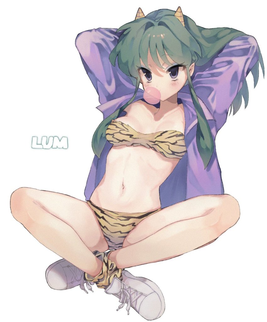 1girl, animal_print, arms_behind_head, bad_id, bad_twitter_id, bikini, blowing_bubble_gum, chewing_gum