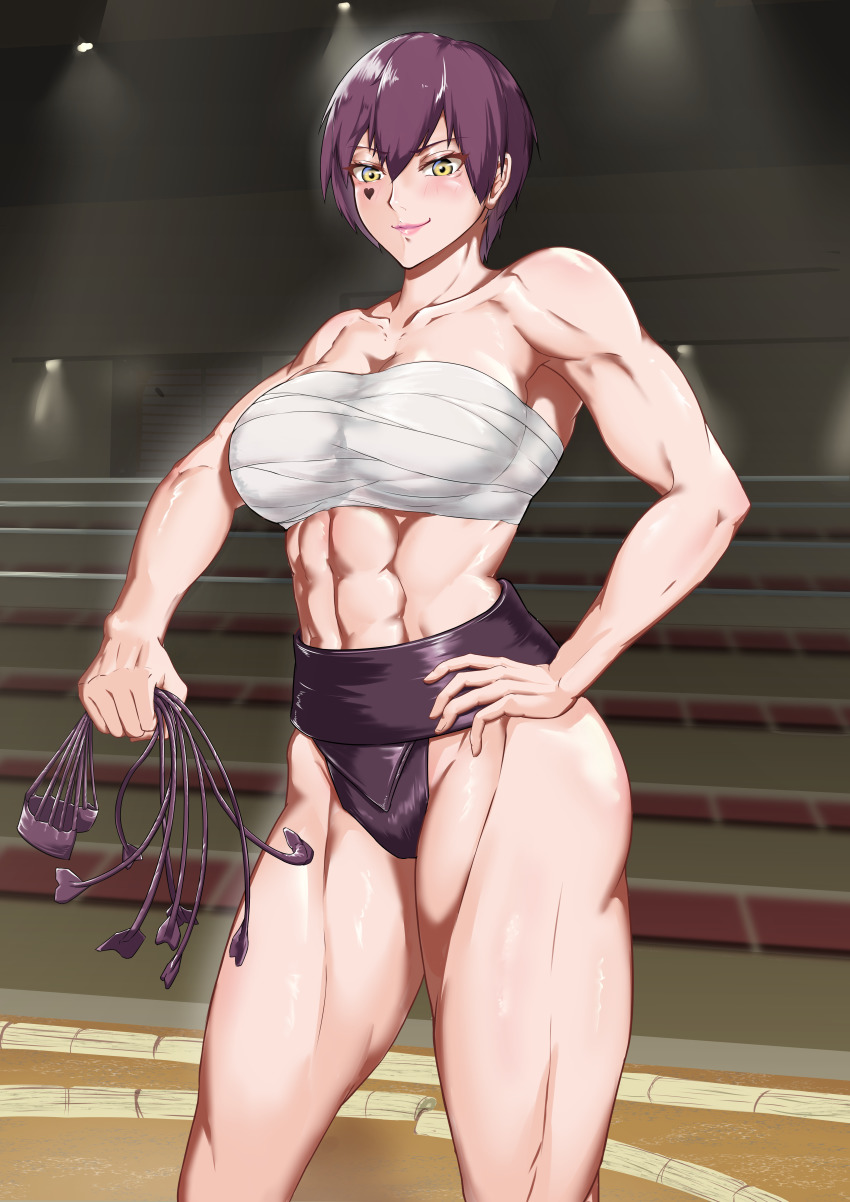 1girl, abs, absurdres, bandages, bandeau, bare_arms, bare_shoulders, blush