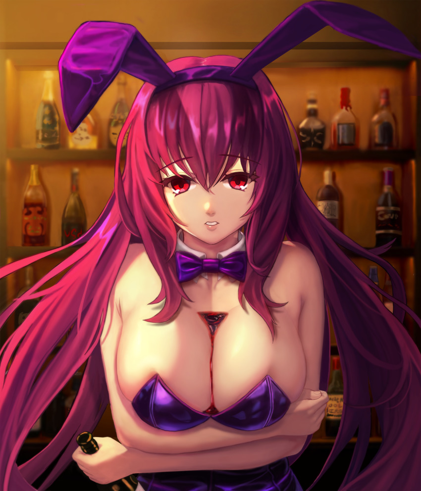 1girl, absurdres, animal_ears, bottle, bow, bowtie, breasts, bust_cup