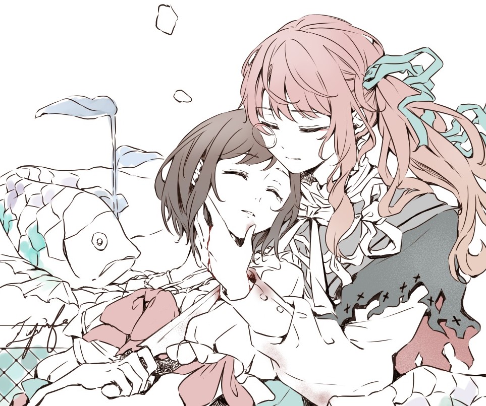 1girl, 1other, aiiro_bokujuu, akiyama_mizuki, blood, blood_on_hands, bow, brown_hair