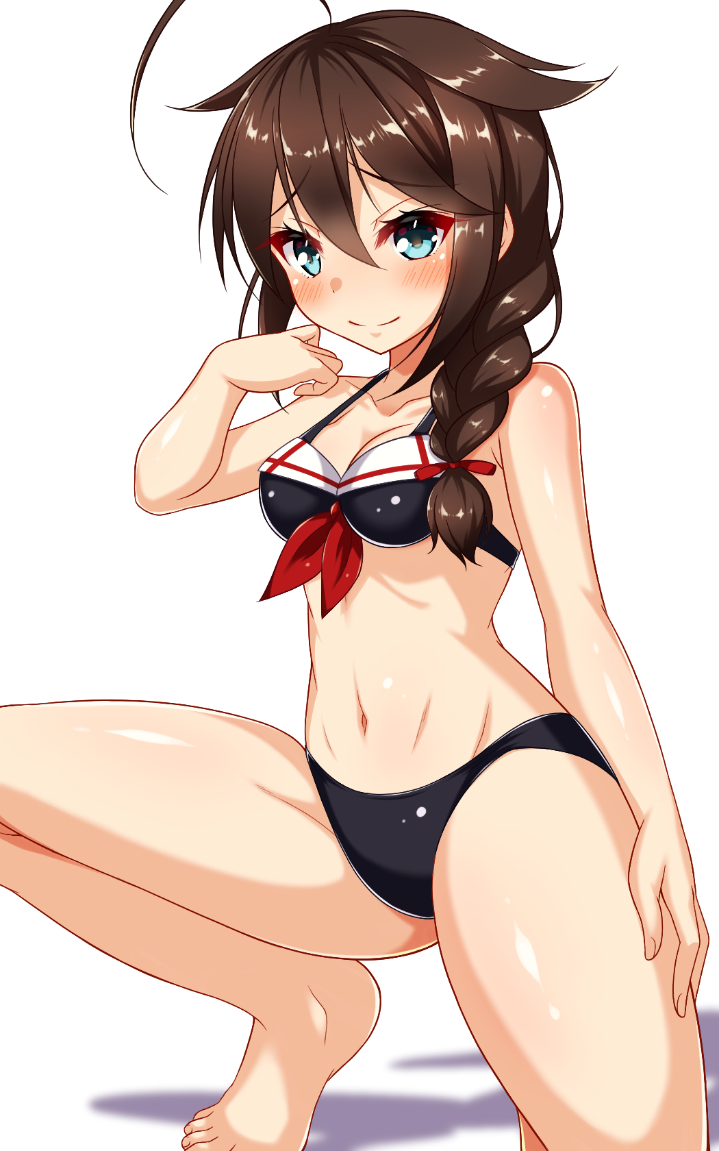 1girl, adapted_costume, ahoge, barefoot, bikini, black_bikini, black_hair, blue_eyes