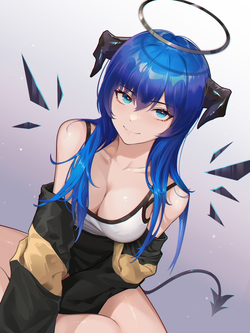 1girl, absurdres, arknights, bare_shoulders, black_halo, black_jacket, black_wings, blue_eyes