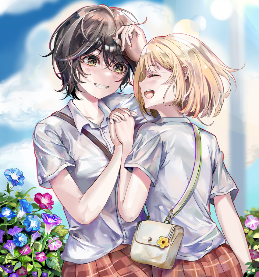 2girls, absurdres, asagao_to_kase-san, bag, blonde_hair, brown_hair, checkered_clothes, checkered_skirt, cloud, cloudy_sky, couple, day, flower, green_eyes, grin, highres, holding_hands, interlocked_fingers, kase_tomoka, lens_flare, light_blush, looking_at_another, multiple_girls, open_mouth, outdoors, plaid_clothes, plaid_skirt, po!son, school_bag, school_uniform, short_hair, skirt, sky, smile, sunlight, teeth, upper_teeth_only, yamada_yui, yuri
