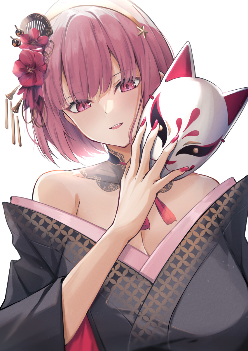 1girl, :d, absurdres, bare_shoulders, black_collar, black_kimono, breasts, cleavage