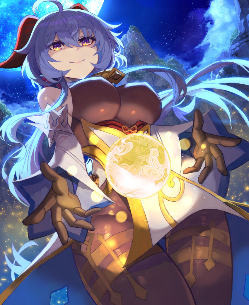 1girl, :3, ahoge, bare_shoulders, bell, black_gloves, black_leotard, blue_hair