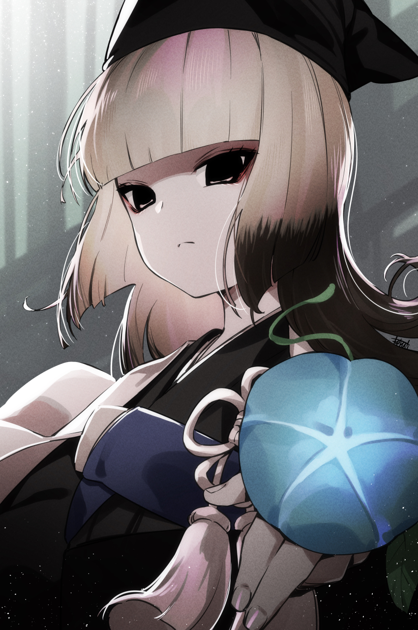 1girl, absurdres, black_eyes, black_hair, black_hat, black_kimono, blunt_bangs, breasts