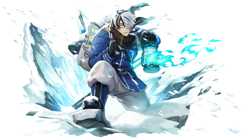 1boy, another_eidos-r, backpack, bag, black_gloves, black_hair, black_scarf, blue_jacket