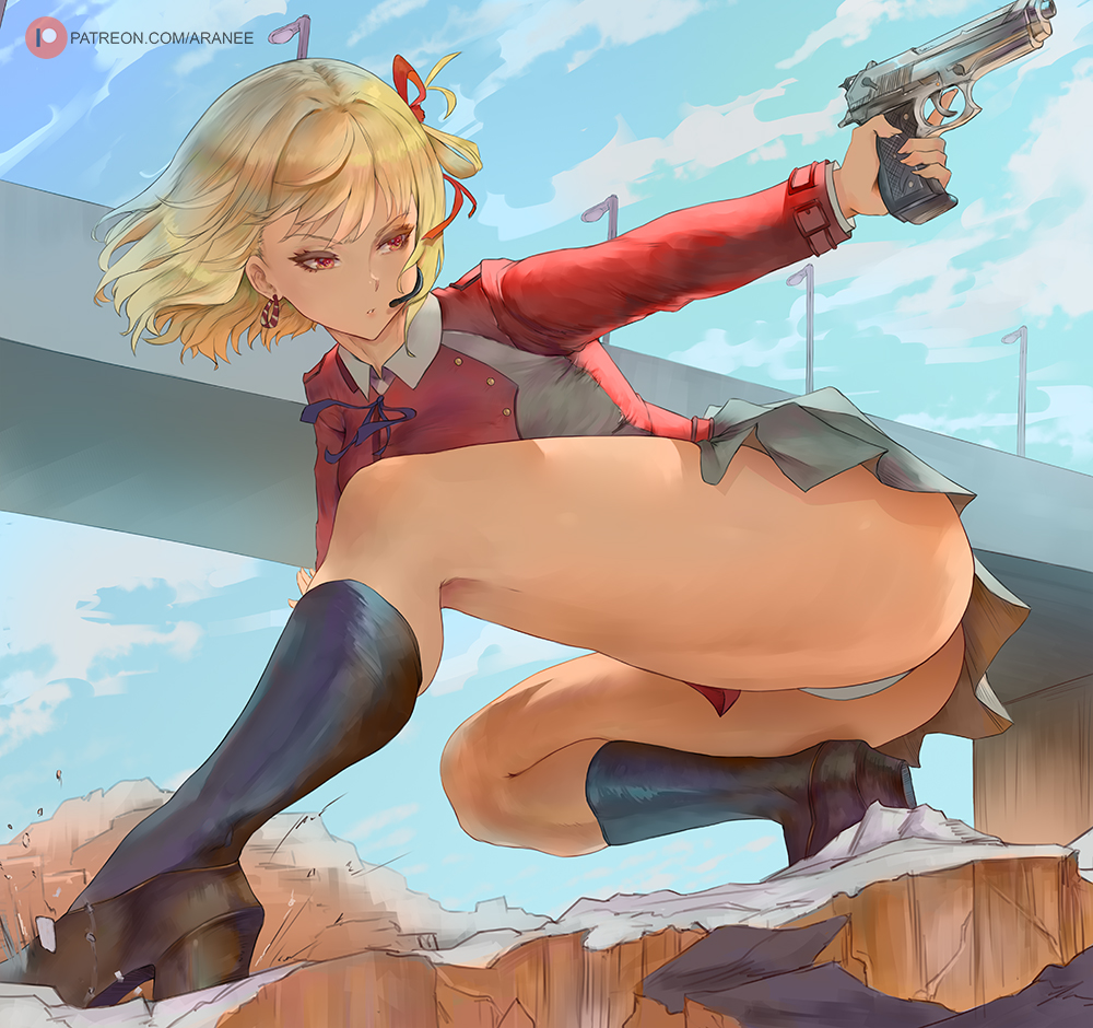 1girl, aiming, araneesama, ass, belt, beretta_92, blonde_hair, bob_cut
