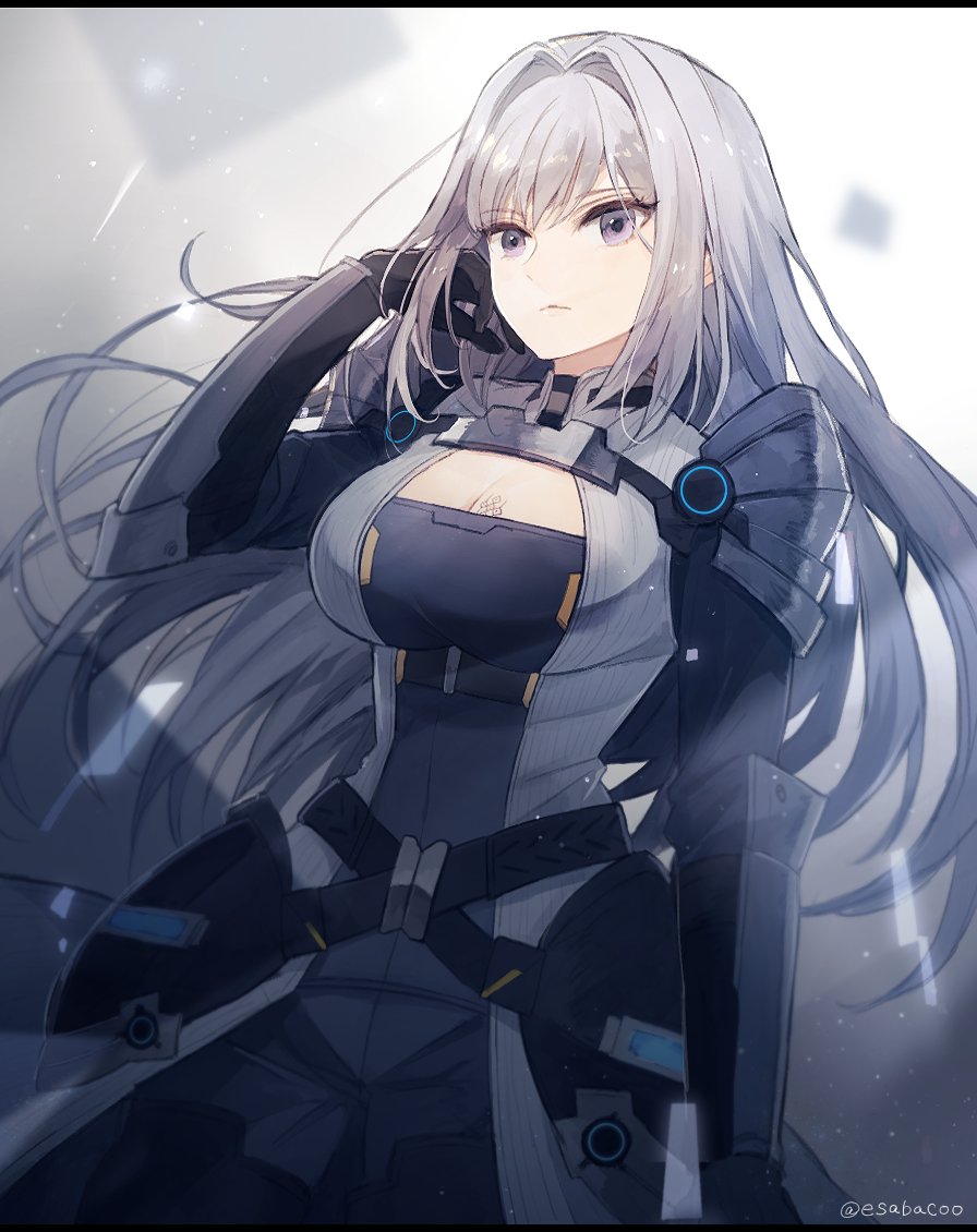 1girl, armor, blue_eyes, breast_tattoo, breasts, cleavage, cleavage_cutout, closed_mouth