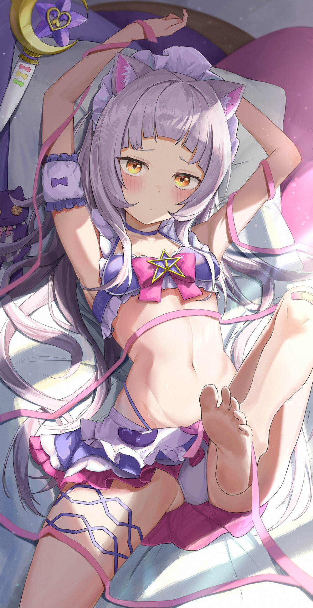 1girl, a_holo_illust, alternate_costume, animal_ear_fluff, animal_ears, armpits, arms_up, bandaid, bandaid_on_knee, bandaid_on_leg, barefoot, bed_sheet, bikini, blunt_bangs, blush, breasts, cat_ears, commentary_request, feet, foot_out_of_frame, foot_up, frilled_bikini, frills, from_above, highres, hololive, legs, light_purple_hair, long_hair, looking_at_viewer, lying, murasaki_shion, murasaki_shion_(magical_girl_maid), navel, on_back, orange_eyes, pillow, pink_ribbon, purple_bikini, ribbon, shadow, shiny_skin, sidelocks, small_breasts, soles, solo, swimsuit, thigh_strap, thighs, toes, virtual_youtuber