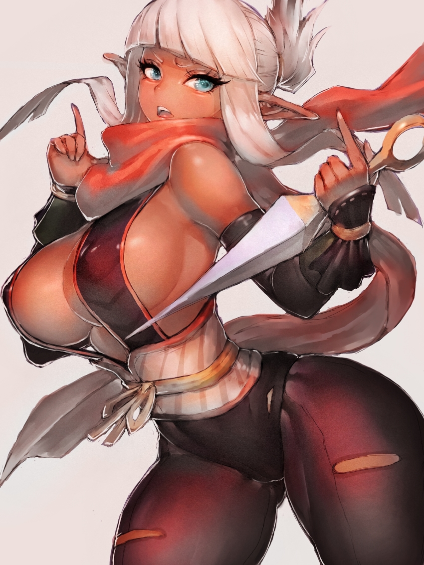 1girl, bare_shoulders, black_pantyhose, blue_eyes, bodystocking, breasts, cowboy_shot, curvy, dark-skinned_female, dark_elf, dark_skin, dnf_duel, dungeon_and_fighter, elbow_gloves, elf, fumio_(rsqkr), gloves, highres, index_fingers_raised, kunai, kunoichi_(dungeon_and_fighter), large_breasts, ninja, open_mouth, pantyhose, pointy_ears, ponytail, reverse_grip, scarf, sideboob, sidelocks, thick_thighs, thief_(dungeon_and_fighter), thighs, weapon, white_background
